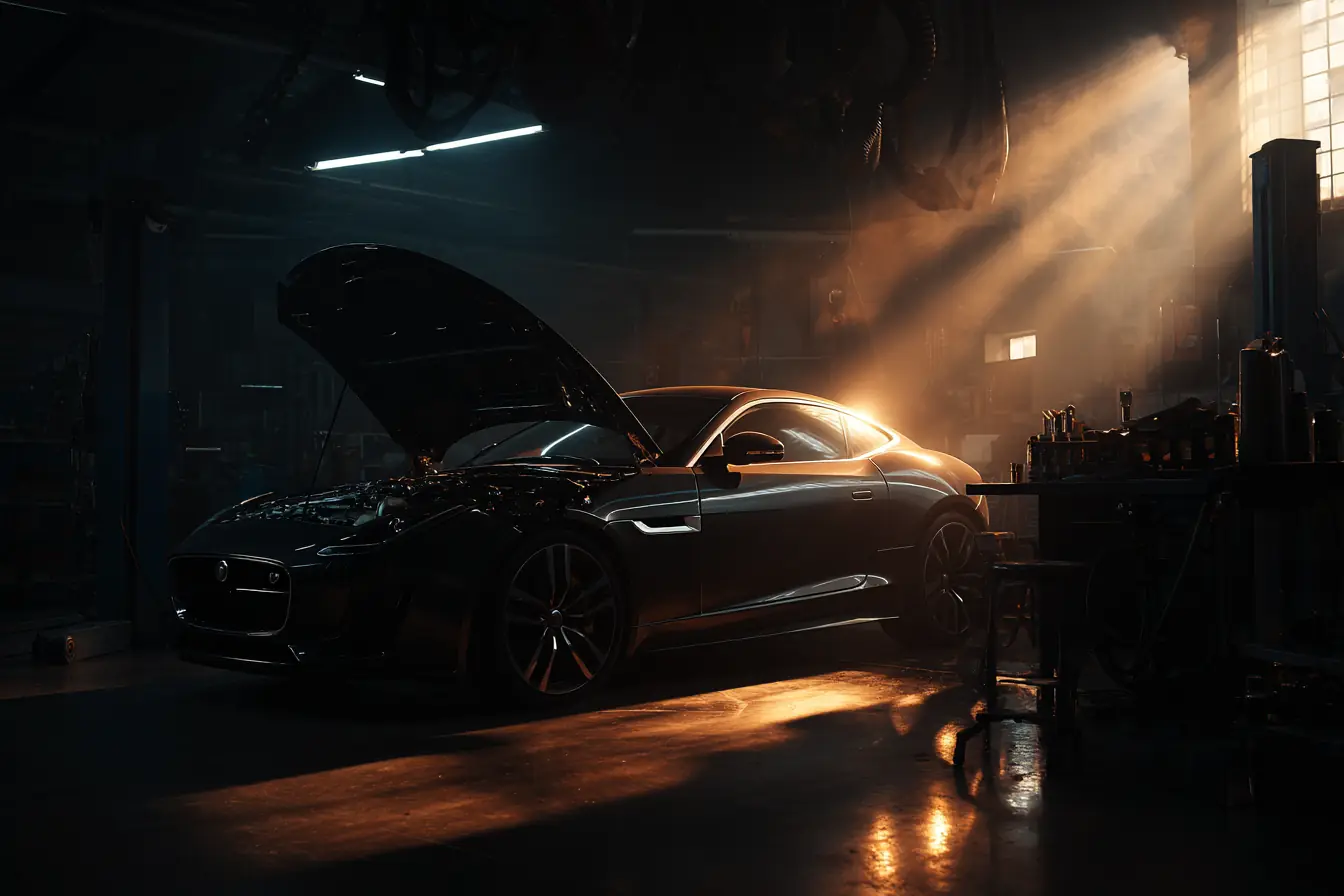Sports car in a workshop with its bonnet open